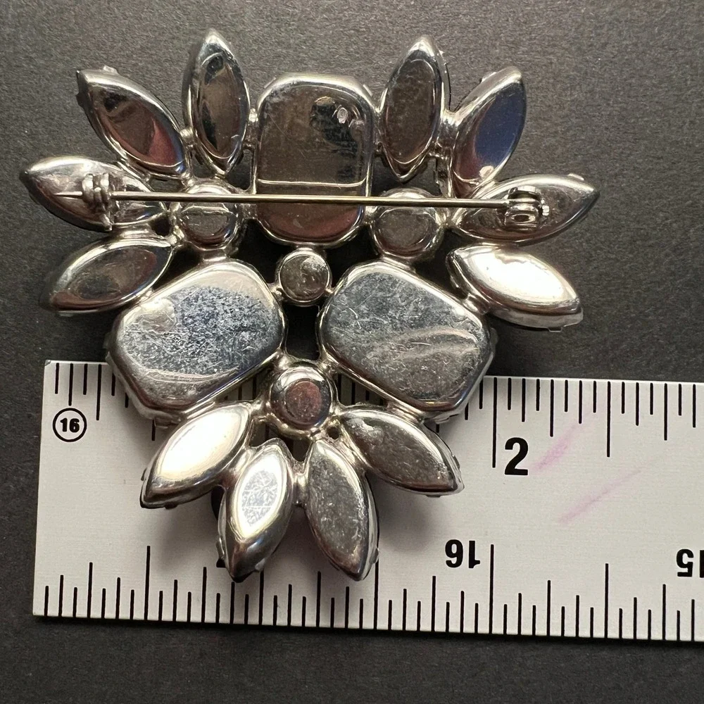 Vintage Rhinestone Brooch Black Crystal Domed‎ Floral Spray